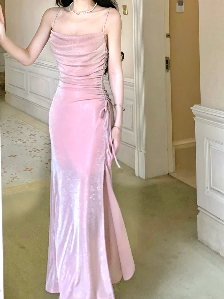 Spaghetti Straps Pink Sparkling Long Prom Dress Formal Party Gown