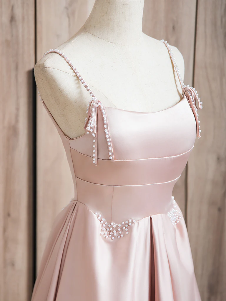 A-Line Satin Pink Long Prom Dress Pink Long Formal Dress