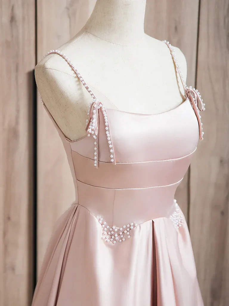 A-Line Satin Pink Long Prom Dress Pink Long Formal Dress