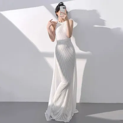 White Sequin Sheath Wedding Dress Long Formal Party Dress