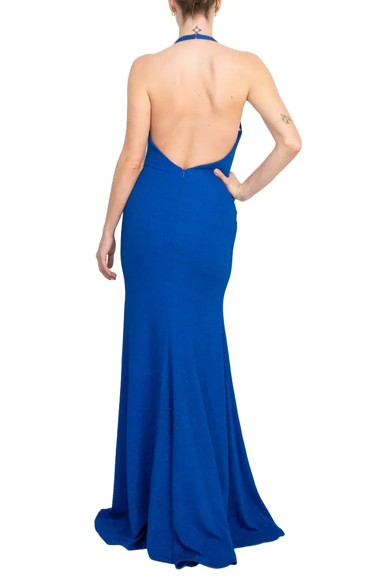 Jovani plunging halter bodycon metallic crepe prom gown