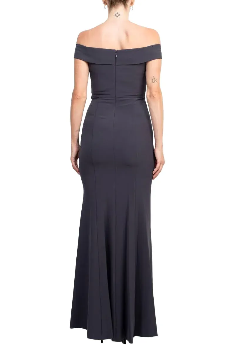 Off-Shoulder Crossed Front Zipper Back Mermaid Solid Crepe Dress