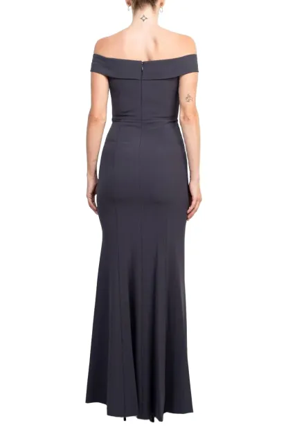 Off-Shoulder Crossed Front Zipper Back Mermaid Solid Crepe Dress