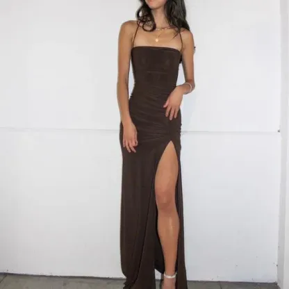 Spaghetti Straps Brown Sheath Long Prom Dresses