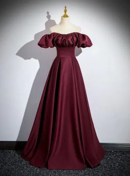 Burgundy Satin Off The Shoulder Puff Sleeve A Line Long Prom Dress
