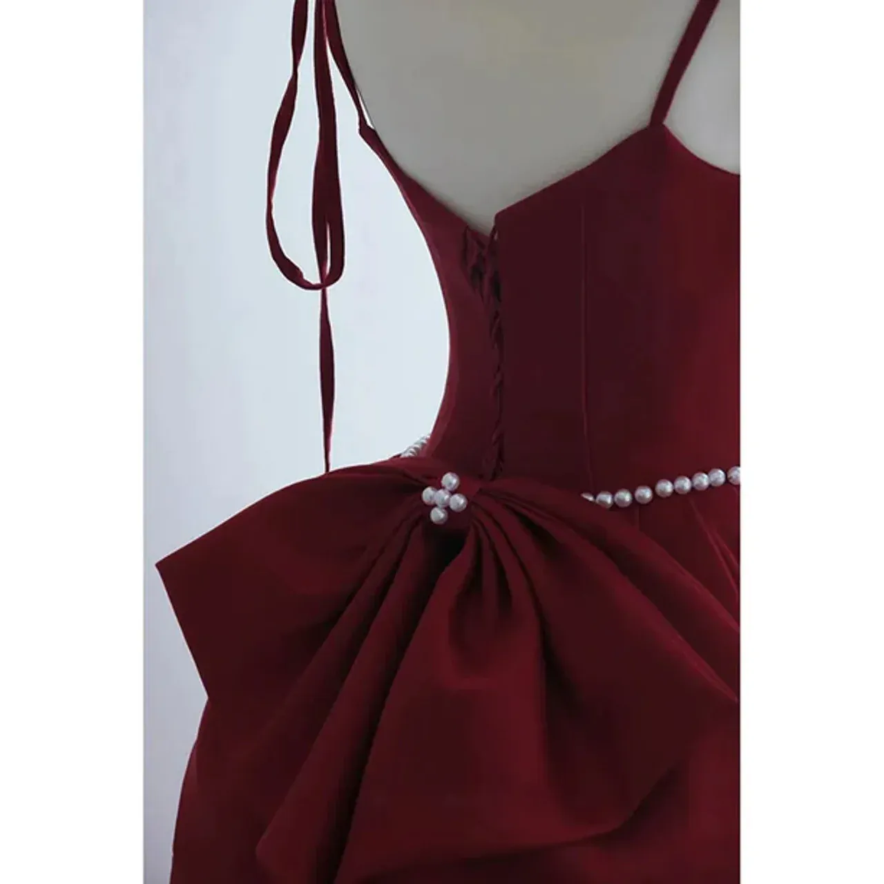 Burgundy Satin Spaghetti Straps Bow A Line Long Prom Dress