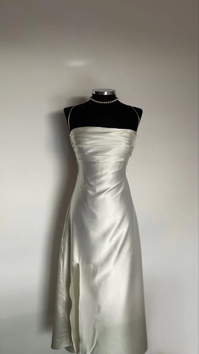 Spaghetti Straps Ivory Prom Dress Slit Formal Dress