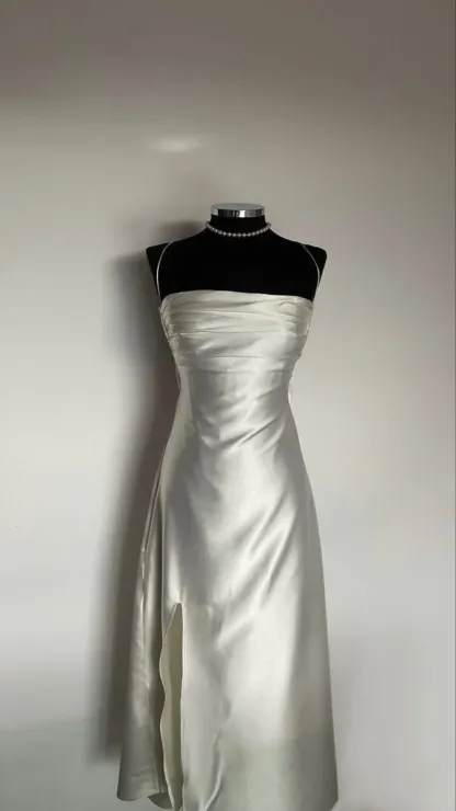 Spaghetti Straps Ivory Prom Dress Slit Formal Dress