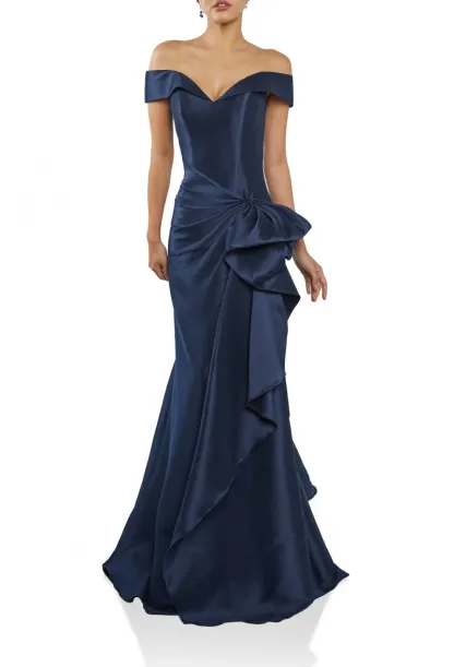 Navy A-Line Off the Shoulder Long Formal Prom Dress with Decoration