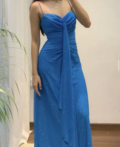 Spaghetti Straps Blue A Line Long Prom Dress Sparkling Vintage Formal Party Gown