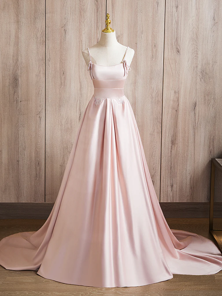 A-Line Satin Pink Long Prom Dress Pink Long Formal Dress