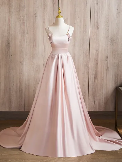 A-Line Satin Pink Long Prom Dress Pink Long Formal Dress
