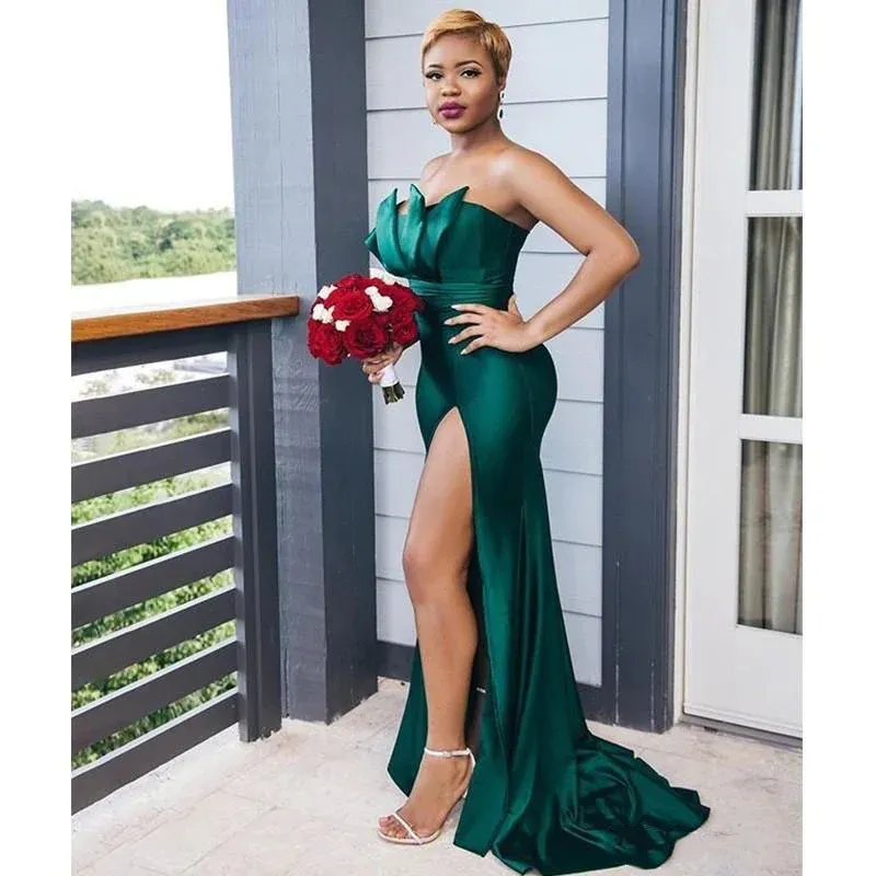 Elastic Satin Emerald Green Bridesmaid Dresses Off-the-shoulder Strapless