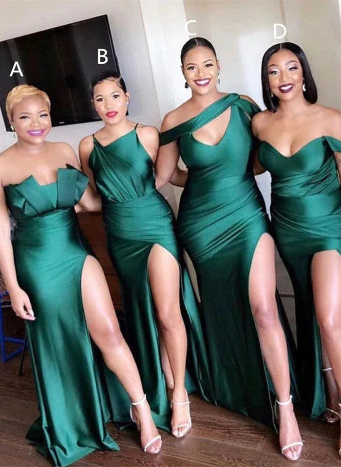 Elastic Satin Emerald Green Bridesmaid Dresses Off-the-shoulder Strapl
