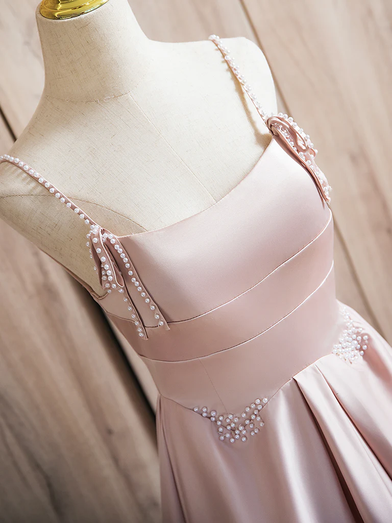 A-Line Satin Pink Long Prom Dress Pink Long Formal Dress