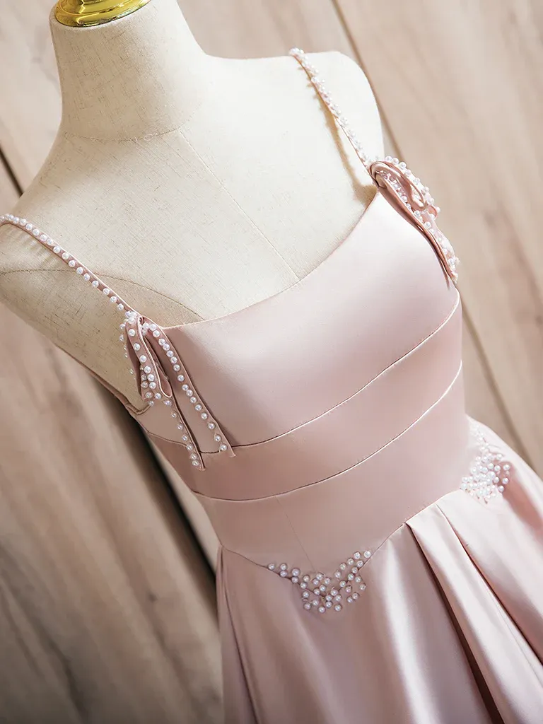 A-Line Satin Pink Long Prom Dress Pink Long Formal Dress