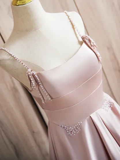 A-Line Satin Pink Long Prom Dress Pink Long Formal Dress