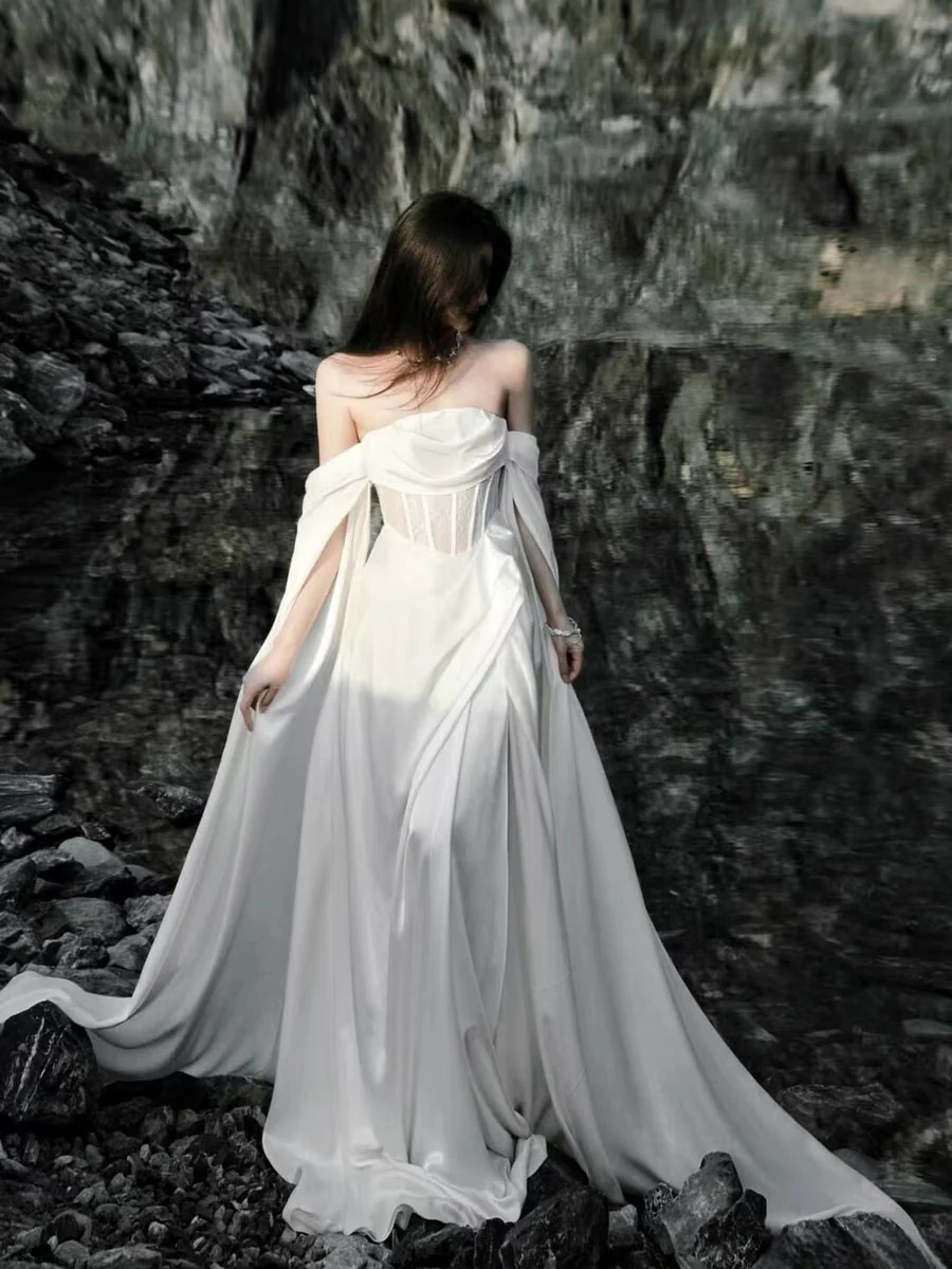 Off The Shoulder White Long Wedding Dress A Line Long Formal Dress