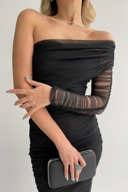 One Shoulder Black Dress Black Draped Dress Party Dress Black Formal Dress  Pencil Cocktail Dress  Evening Dress with One Sleev