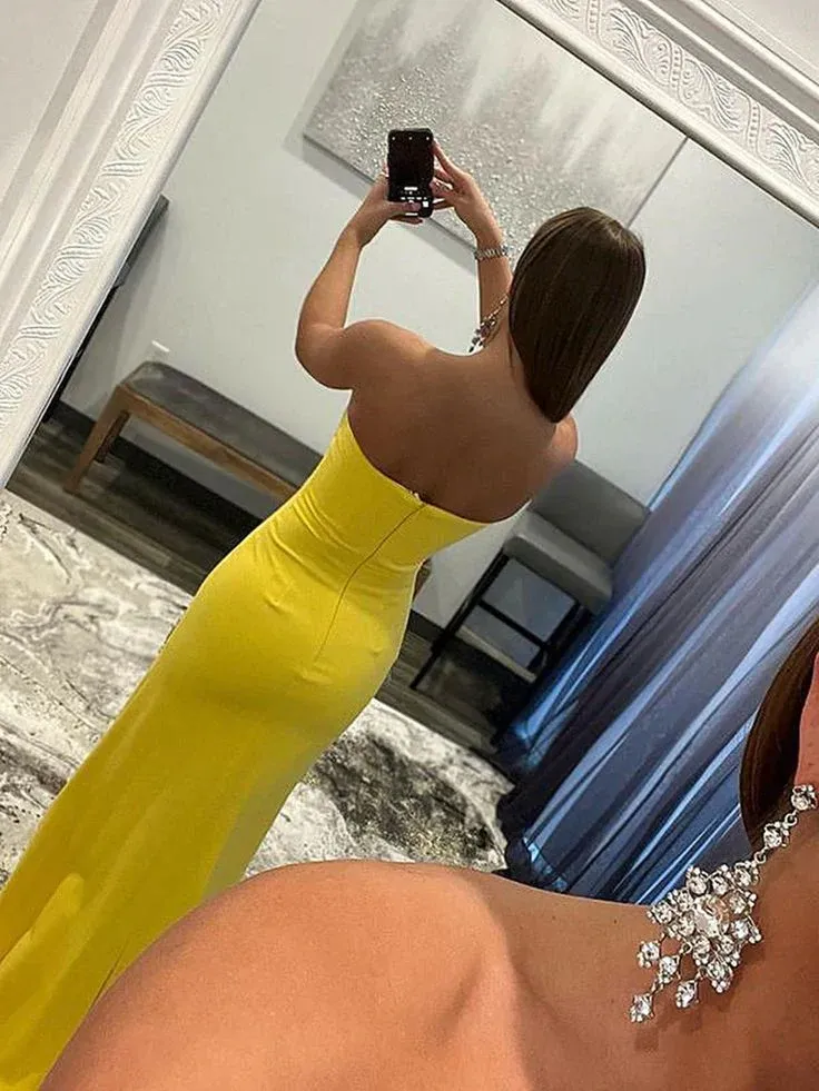 Strapless Yellow Mermaid Long Prom Dresses Slit Evening Dresses