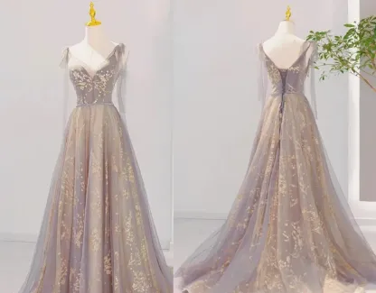 Grey V Neck Prom Dress Christmas Dress Princess Dress Elegant Party Dress Formal Evening Dress