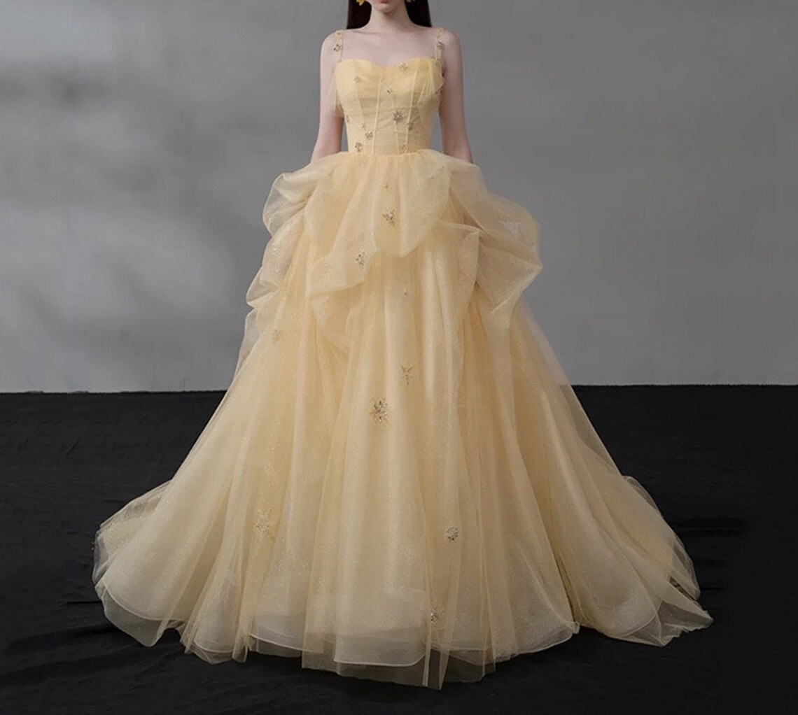 Yellow Straps Tulle Party Dress with Train Fairy Prom Dress Formal Gown Evening Dress Gift for Her Birthday Party Dress