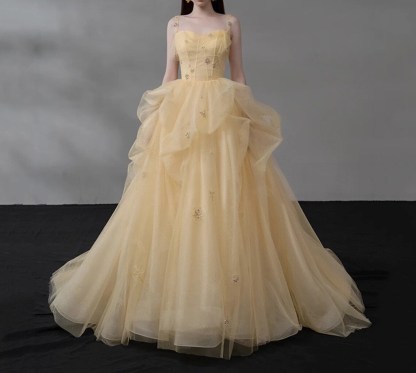 Yellow Straps Tulle Party Dress with Train Fairy Prom Dress Formal Gown Evening Dress Gift for Her Birthday Party Dress