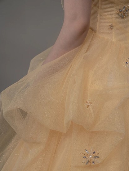 Yellow Straps Tulle Party Dress with Train Fairy Prom Dress Formal Gown Evening Dress Gift for Her Birthday Party Dress