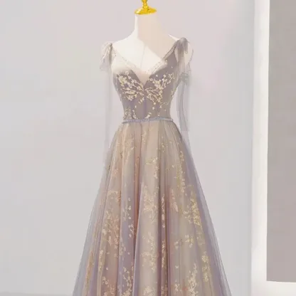 Grey V Neck Prom Dress Christmas Dress Princess Dress Elegant Party Dress Formal Evening Dress