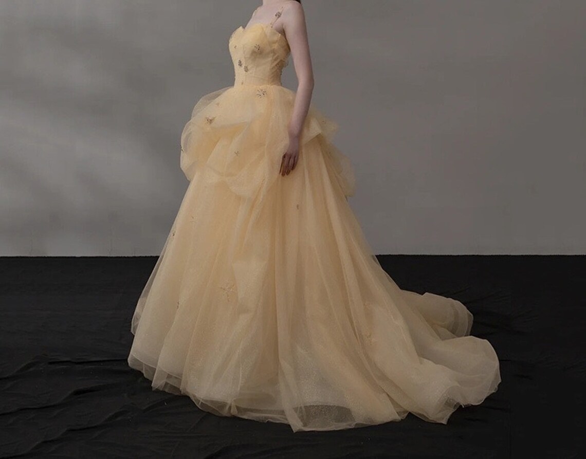 Yellow Straps Tulle Party Dress with Train Fairy Prom Dress Formal Gown Evening Dress Gift for Her Birthday Party Dress