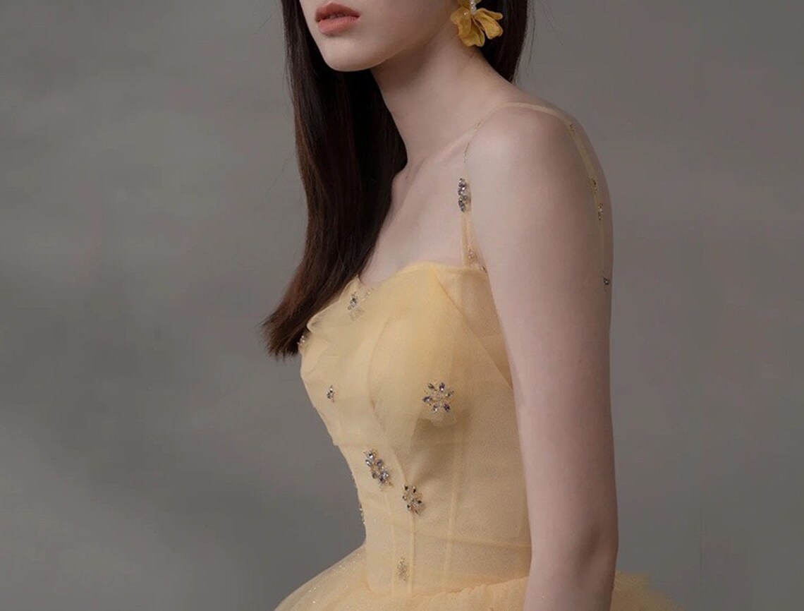 Yellow Straps Tulle Party Dress with Train Fairy Prom Dress Formal Gown Evening Dress Gift for Her Birthday Party Dress