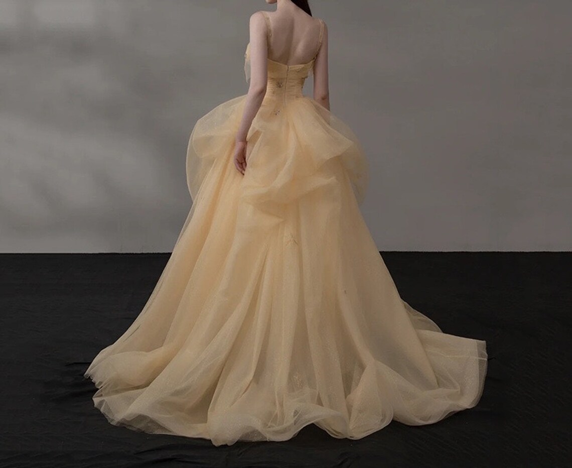 Yellow Straps Tulle Party Dress with Train Fairy Prom Dress Formal Gown Evening Dress Gift for Her Birthday Party Dress
