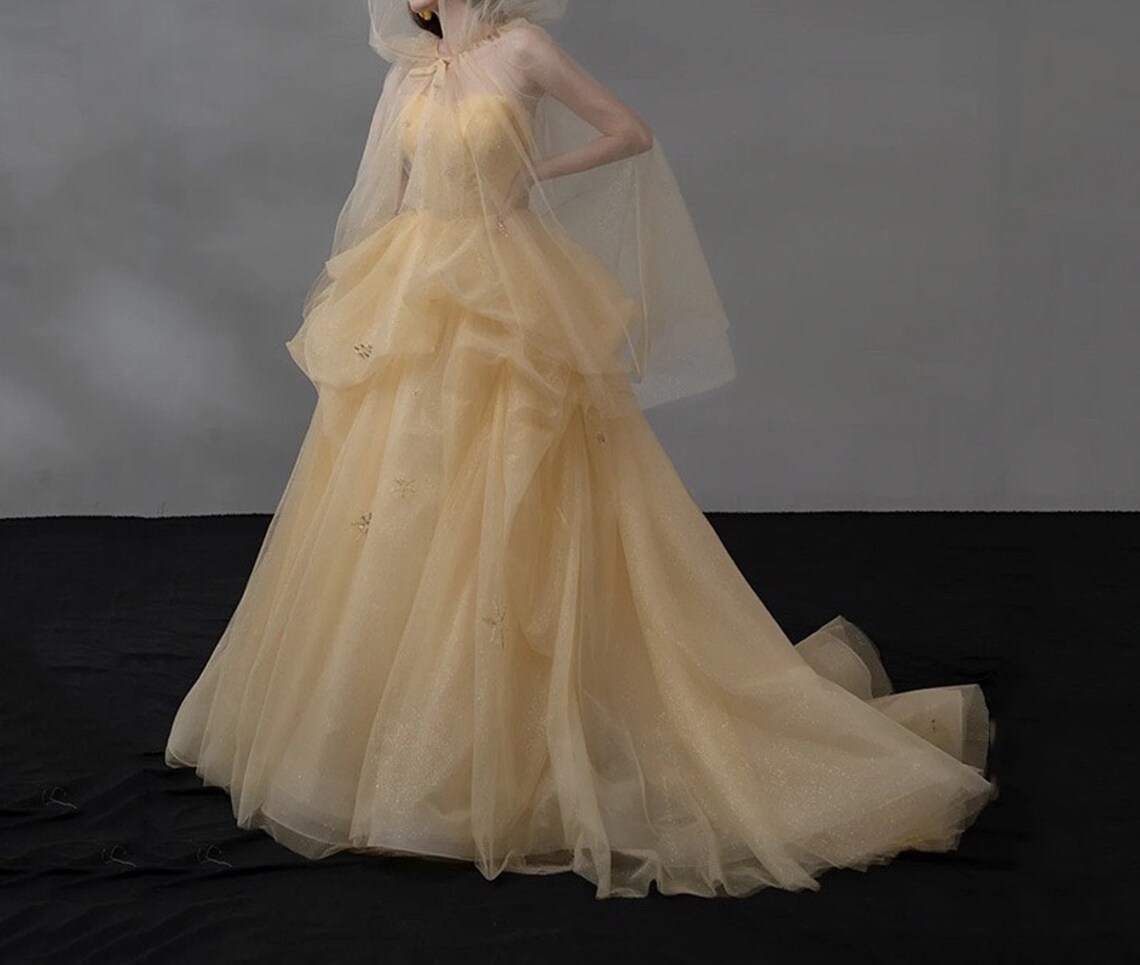 Yellow Straps Tulle Party Dress with Train Fairy Prom Dress Formal Gown Evening Dress Gift for Her Birthday Party Dress