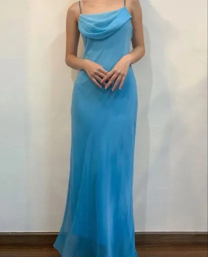 Spaghetti Straps Blue Sheath Long Prom Dresses