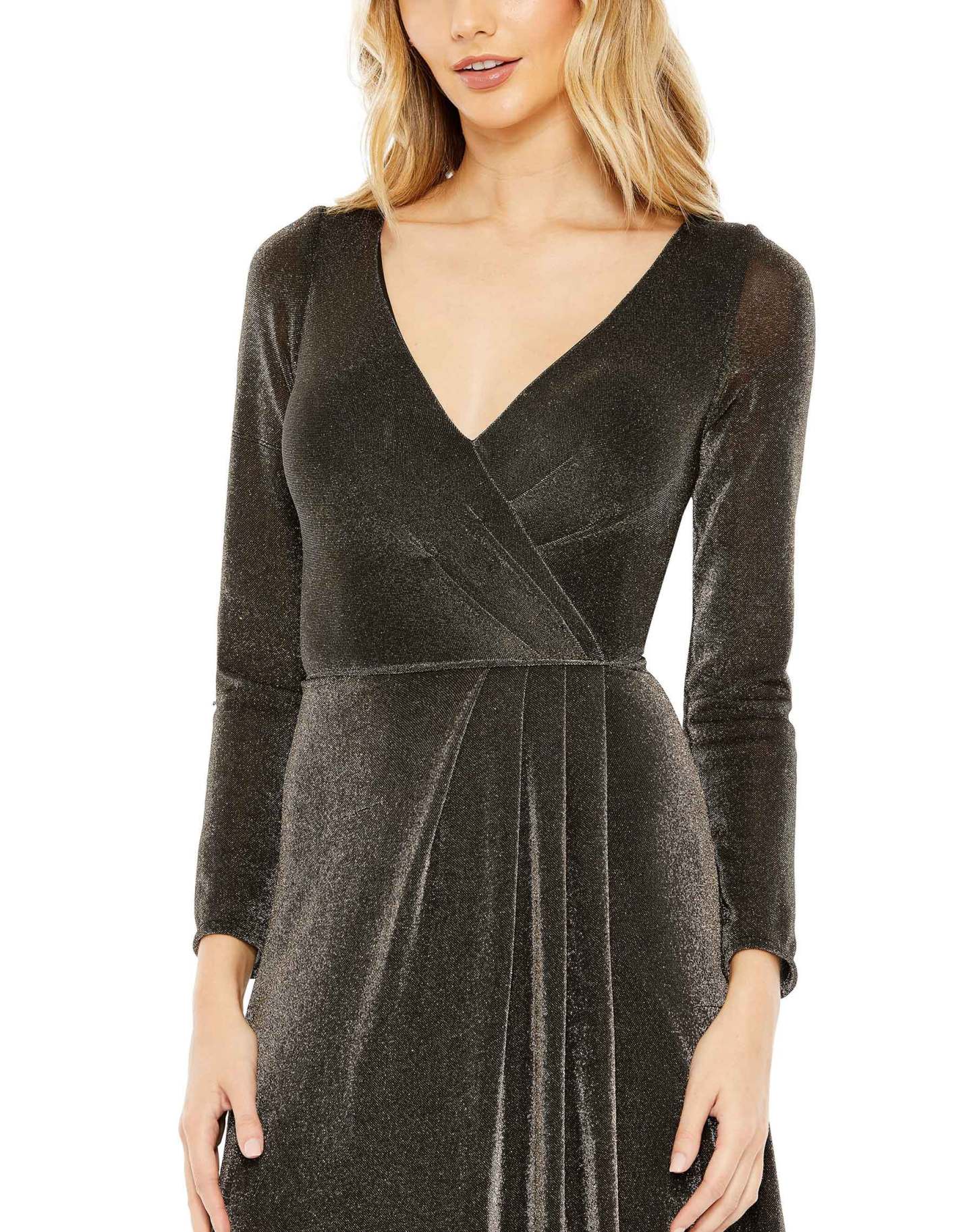 Black Gold Plunge V Fine Shiny Front Split Suede Formal Prom Dress