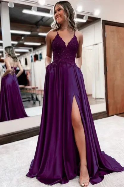 A Line Satin Long Prom Dresses Appliques Split Formal Dress
