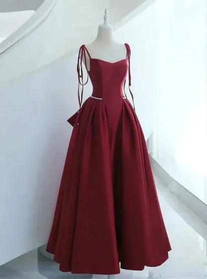 Burgundy Satin Spaghetti Straps Bow A Line Long Prom Dress