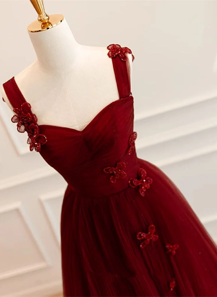 A Line Tulle Sweetheart Long Formal Dress Wine Red Evening Dress