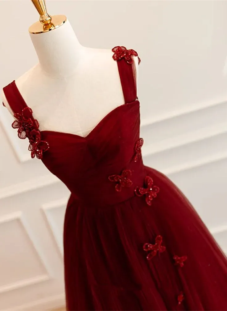 A Line Tulle Sweetheart Long Formal Dress Wine Red Evening Dress