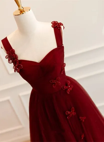 A Line Tulle Sweetheart Long Formal Dress Wine Red Evening Dress