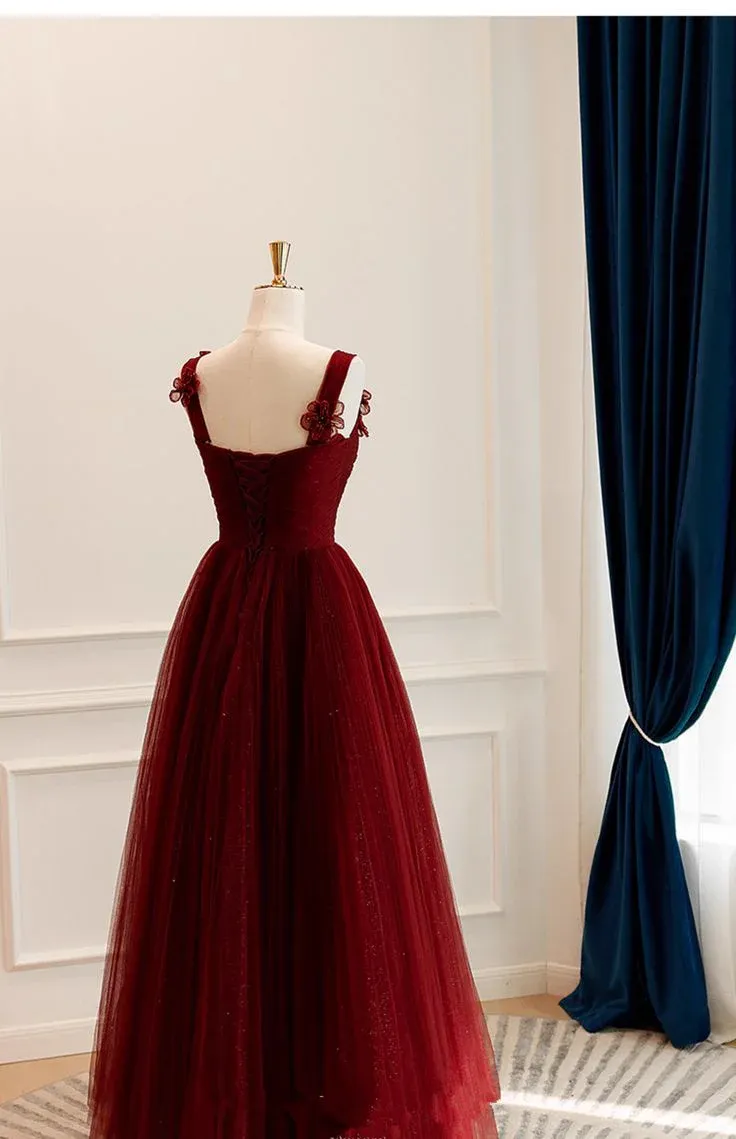 A Line Tulle Sweetheart Long Formal Dress Wine Red Evening Dress
