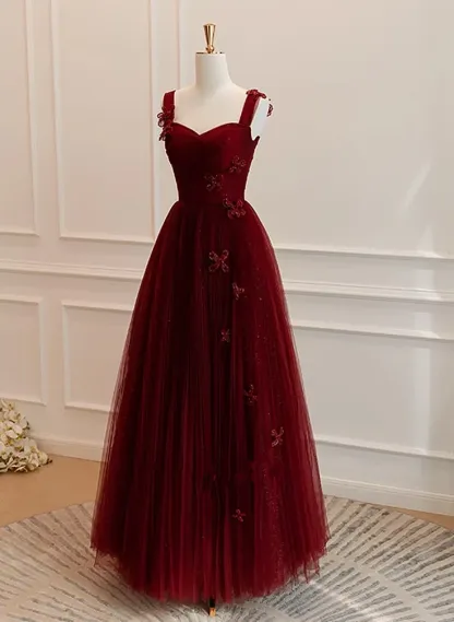 A Line Tulle Sweetheart Long Formal Dress Wine Red Evening Dress