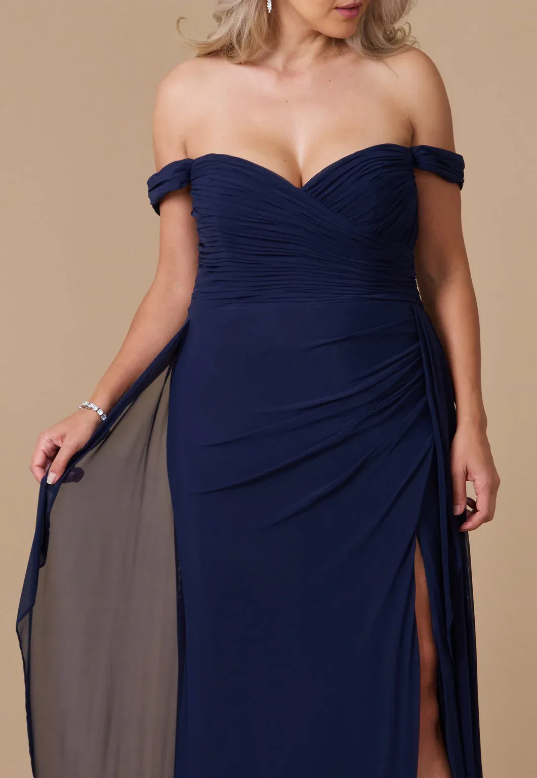 Navy A-Line Off the Shoulder Fold Long Plus Size Prom Dress