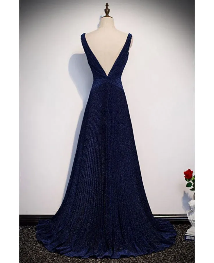 V Neck Navy Blue Pleated Long Prom Dress A Line Evening Dress