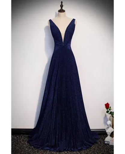 V Neck Navy Blue Pleated Long Prom Dress A Line Evening Dress