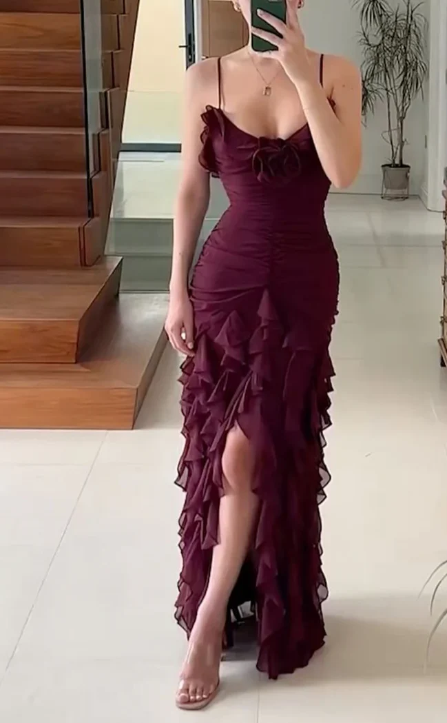 Spaghetti Straps Chiffon Ruffle Evening Party Dress