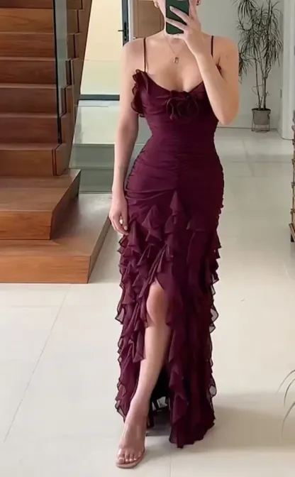 Spaghetti Straps Chiffon Ruffle Evening Party Dress