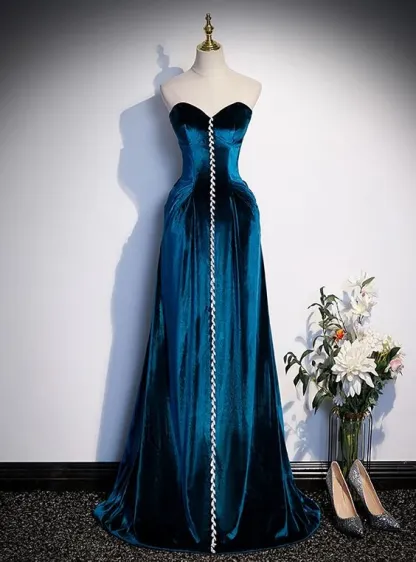 Blue Velvet Strapless Long Prom Dress A Line Formal Dress