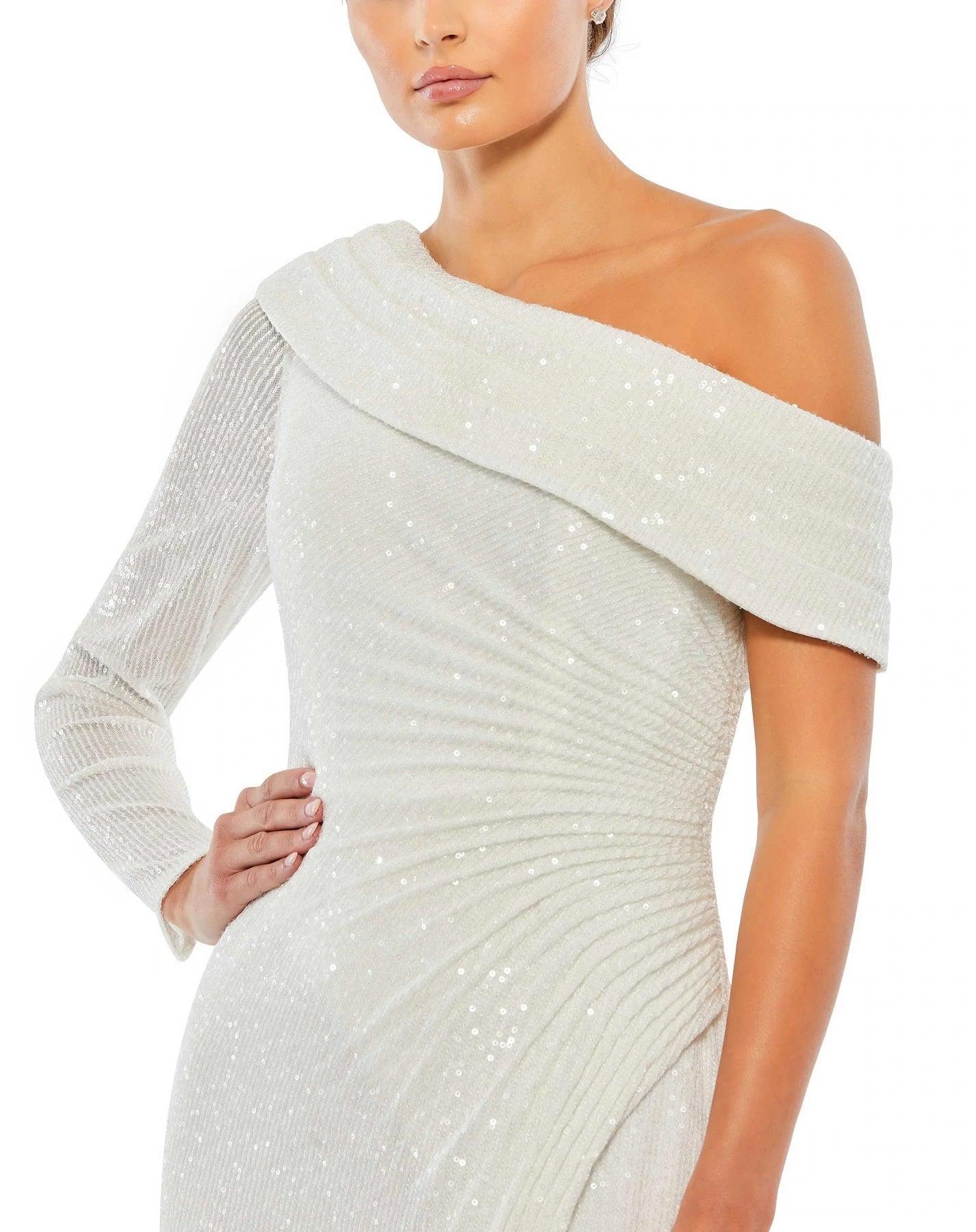 Sexy White One Shulder Long Front Split Fine Glitter Formal Prom Dress