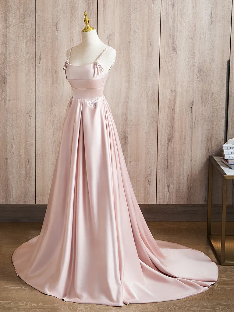 A-Line Satin Pink Long Prom Dress Pink Long Formal Dress